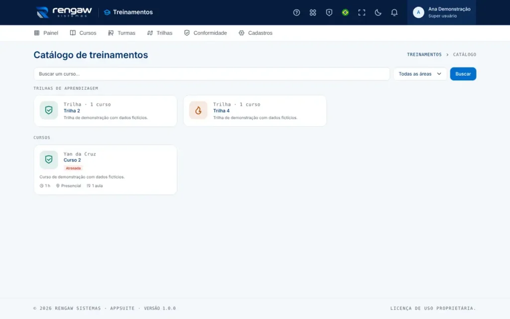 App Treinamentos, tela Catálogo de treinamentos