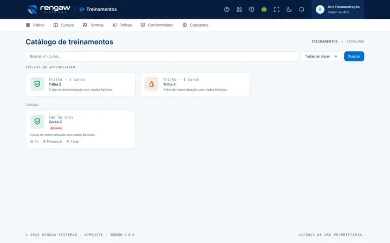App Treinamentos, tela Catálogo de treinamentos