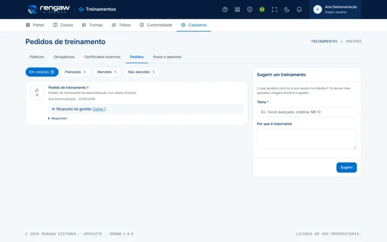 App Treinamentos, tela Pedidos de treinamento