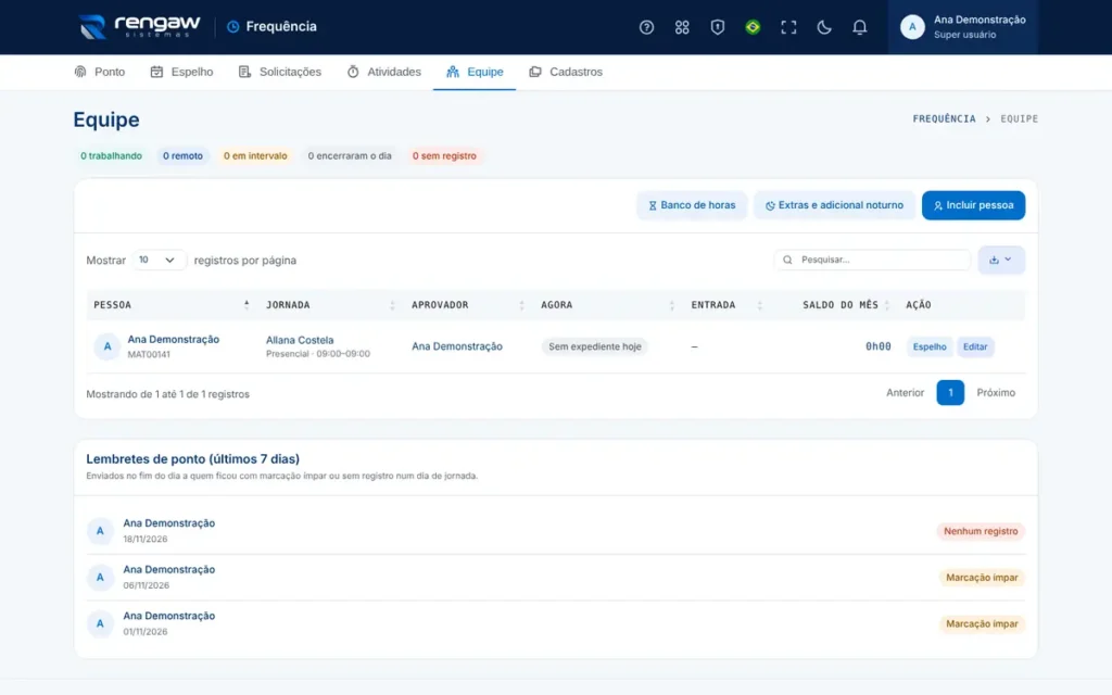 App Frequência, tela Equipe