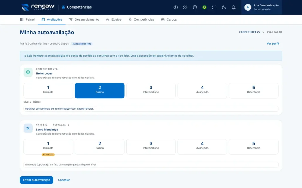 App Competências, tela Avaliação · Ana Demonstração