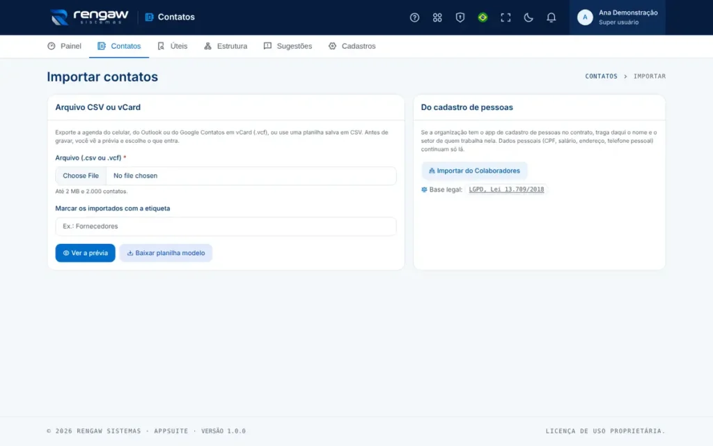 App Contatos, tela Importar contatos