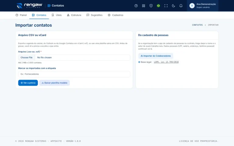 App Contatos, tela Importar contatos