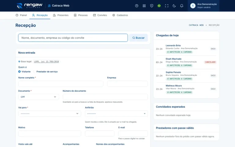 App Catraca Web, tela Recepção
