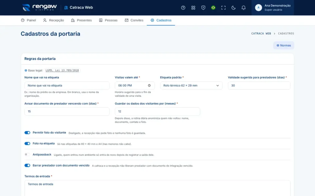 App Catraca Web, tela Cadastros