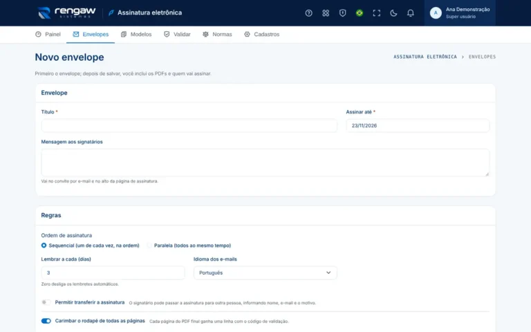 App Assinatura eletrônica, tela Novo envelope
