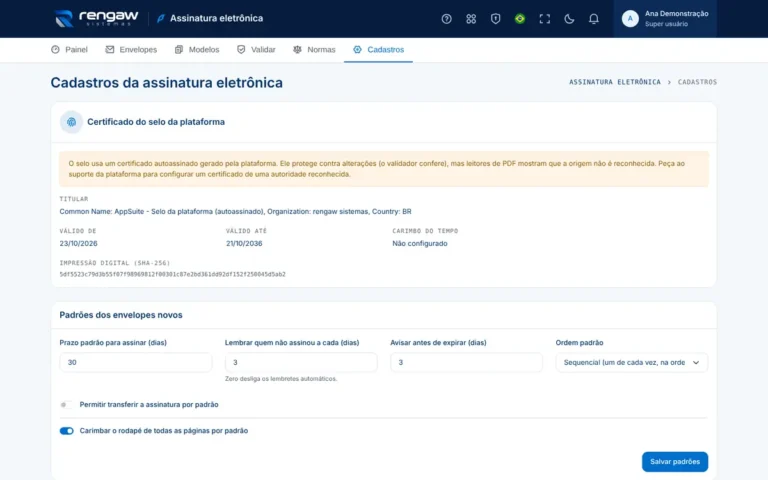 App Assinatura eletrônica, tela Cadastros
