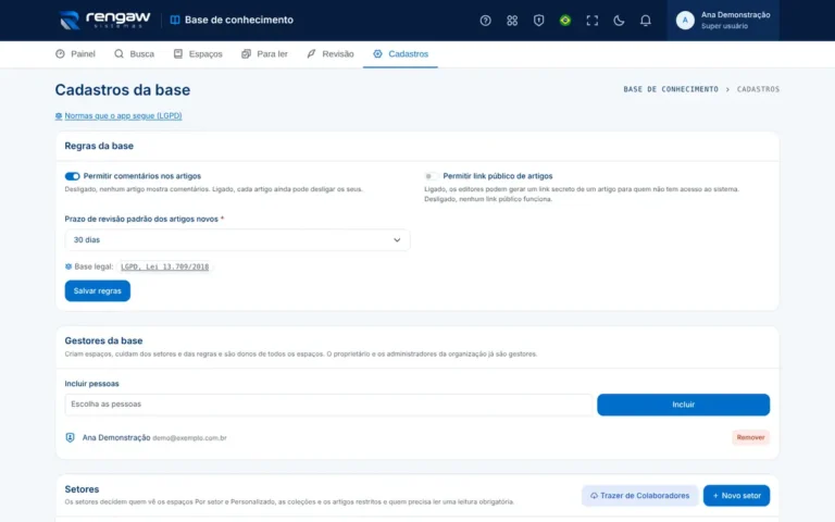 App Base de conhecimento, tela Cadastros
