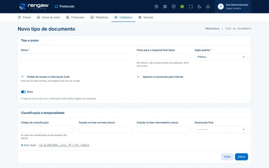 App Protocolo, tela Novo tipo