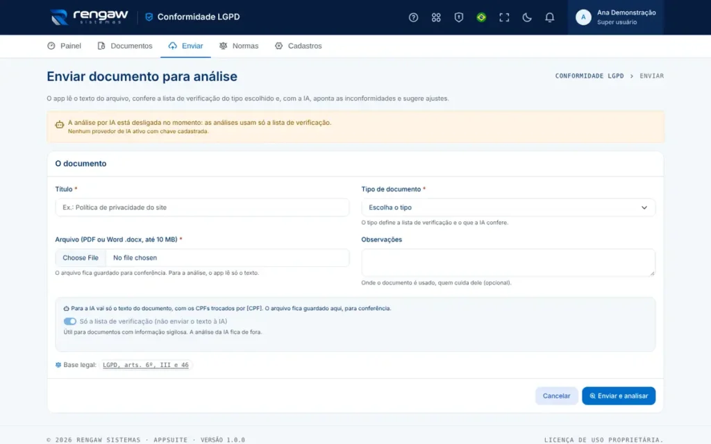 App Conformidade LGPD, tela Enviar documento