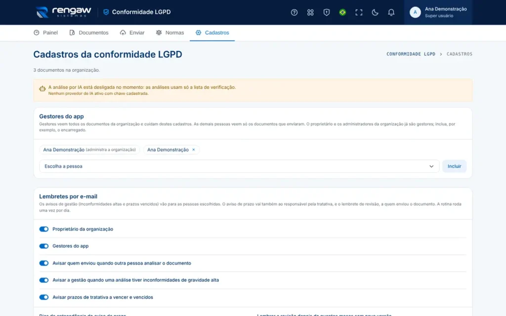 App Conformidade LGPD, tela Cadastros
