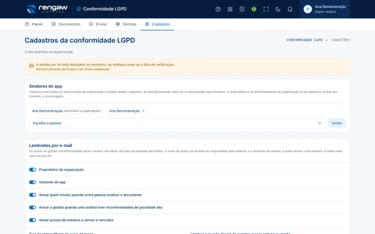 App Conformidade LGPD, tela Cadastros