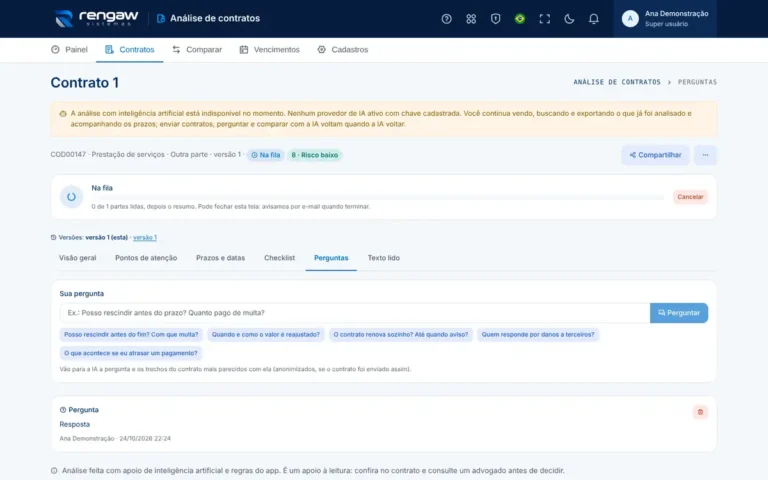 App Análise de contratos, tela Perguntas · Contrato 1