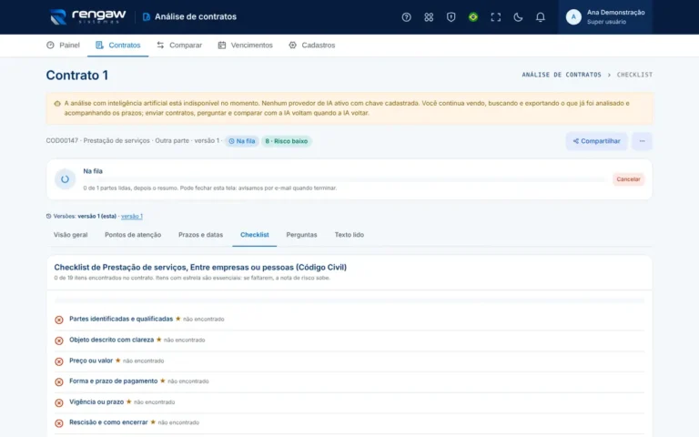 App Análise de contratos, tela Checklist · Contrato 1