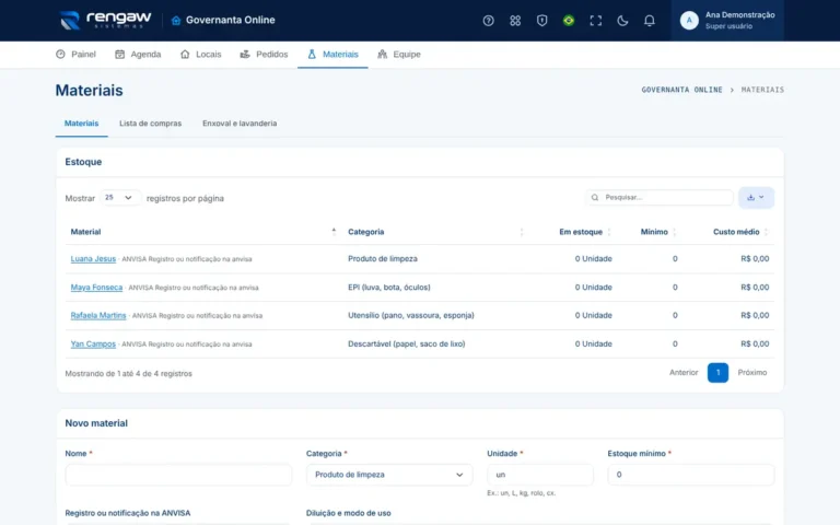 App Governanta Online, tela Materiais · Governanta Online