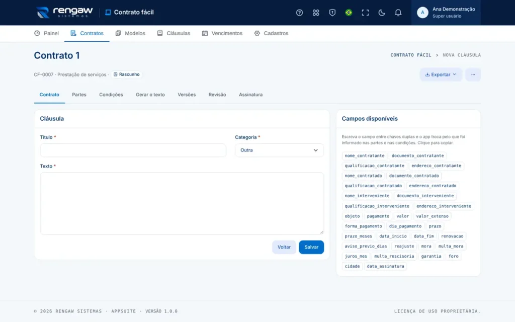 App Contrato fácil, tela Nova cláusula · Contrato 1