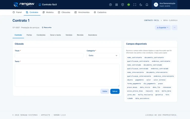 App Contrato fácil, tela Nova cláusula · Contrato 1