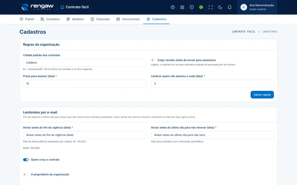 App Contrato fácil, tela Cadastros