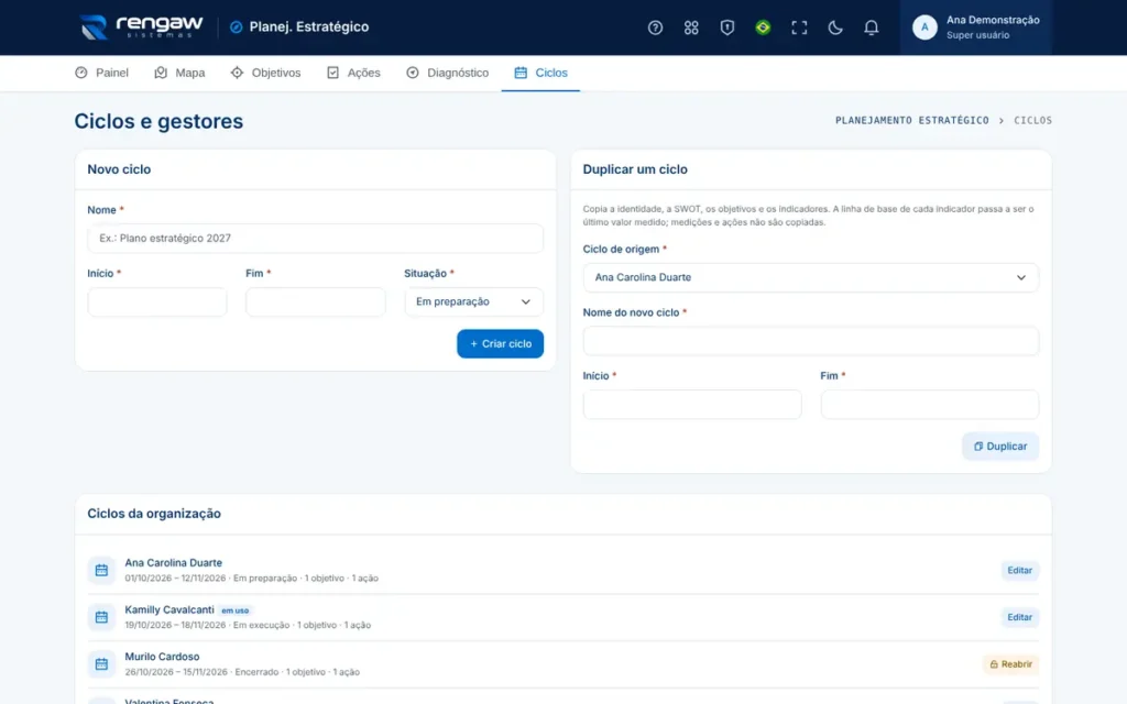 App Planejamento estratégico, tela Ciclos