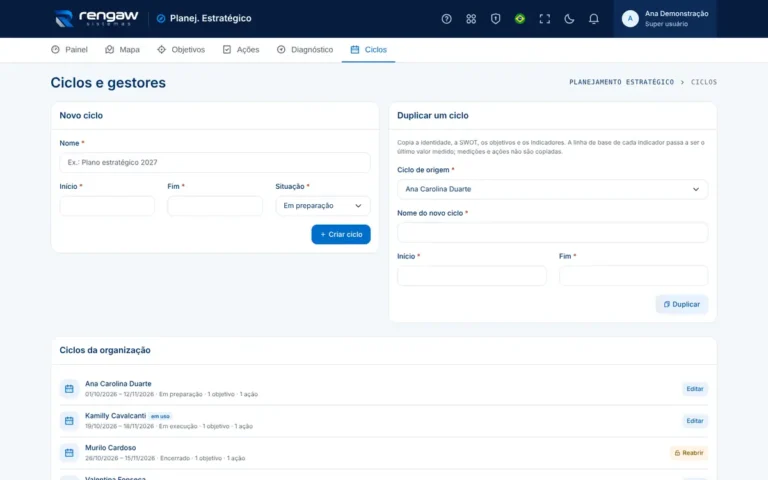 App Planejamento estratégico, tela Ciclos