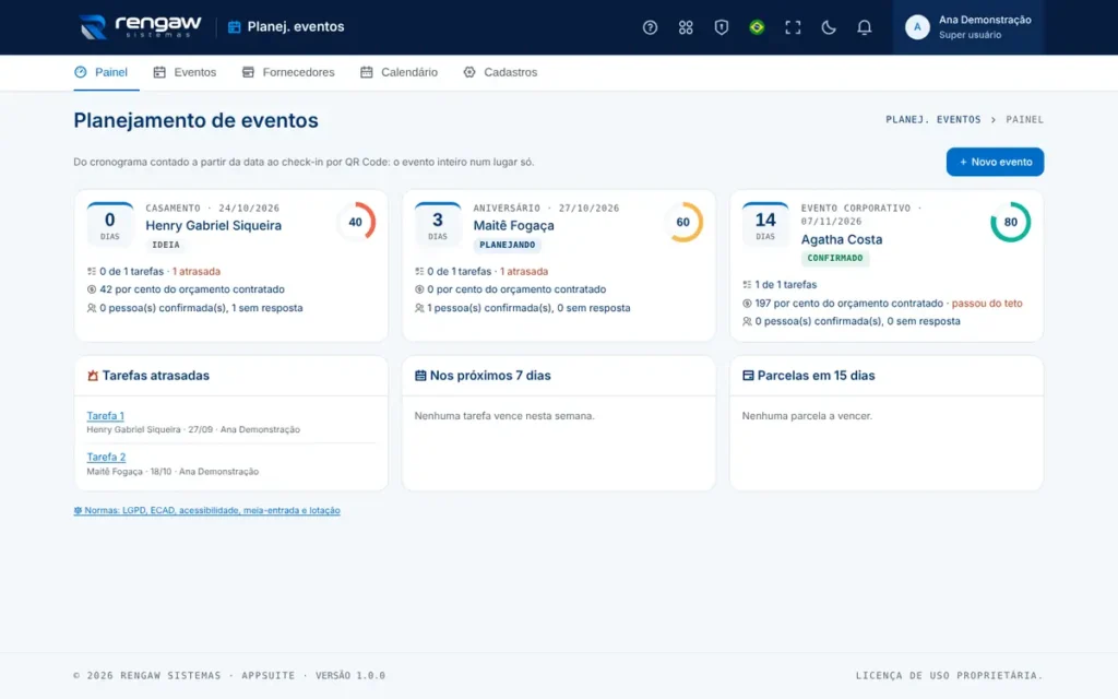 App Planejamento de eventos, tela inicial