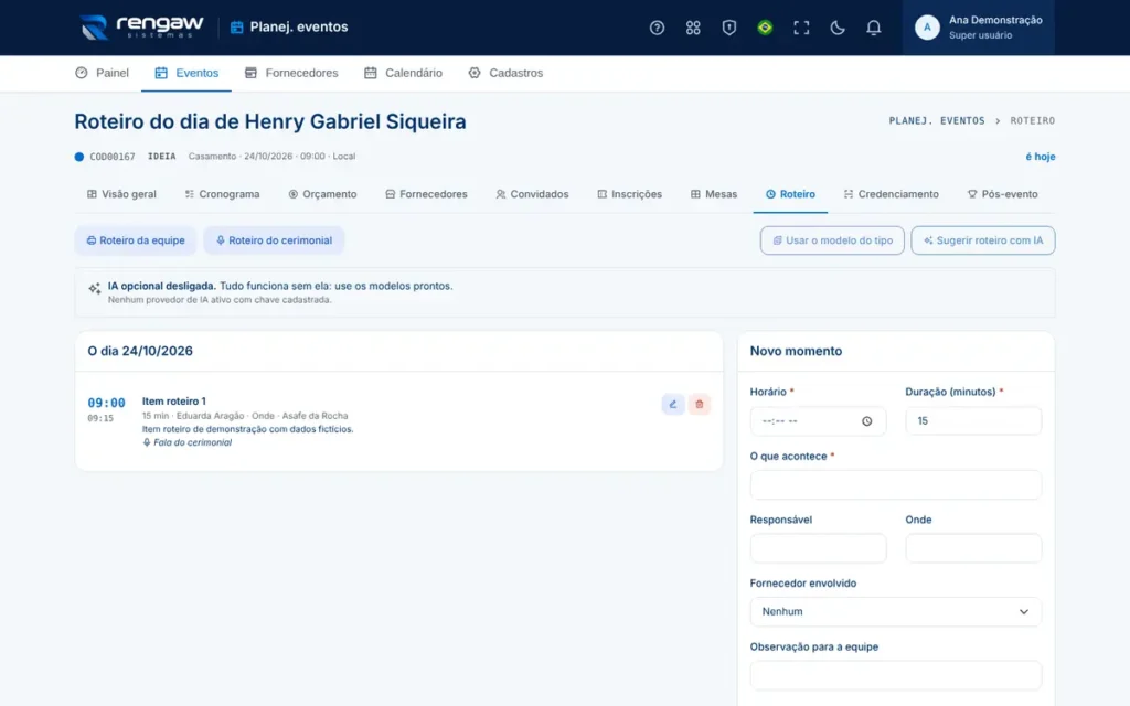 App Planejamento de eventos, tela Roteiro do dia - Henry Gabriel Siqueira
