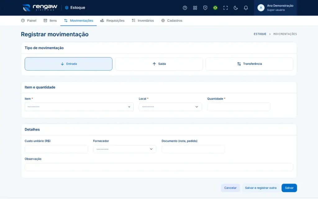 App Estoque, tela Registrar movimentação