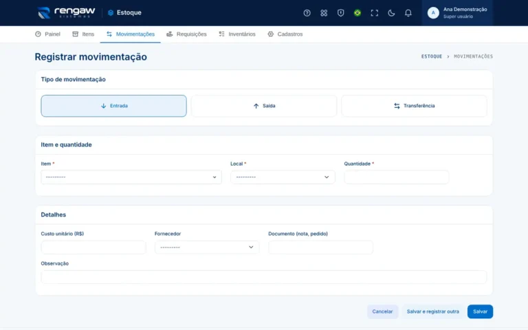 App Estoque, tela Registrar movimentação