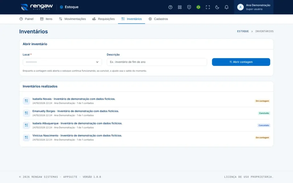 App Estoque, tela Inventários