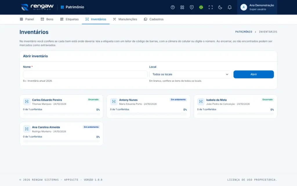 App Patrimônio, tela Inventários