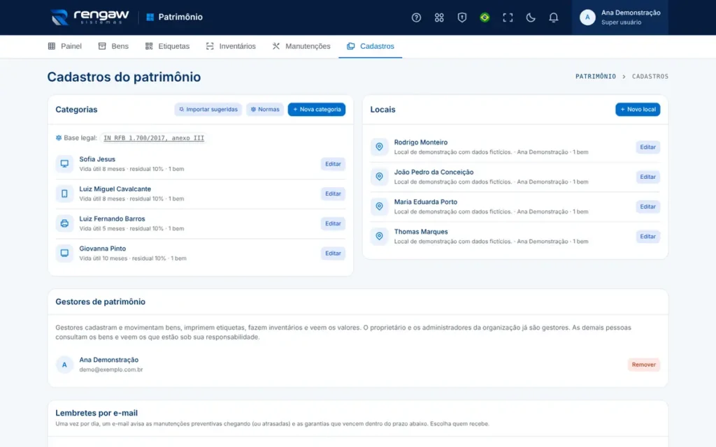 App Patrimônio, tela Cadastros