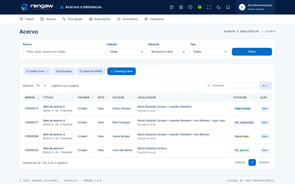 App Acervos e bibliotecas, tela Acervo