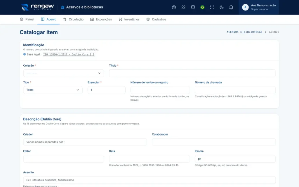 App Acervos e bibliotecas, tela Catalogar item