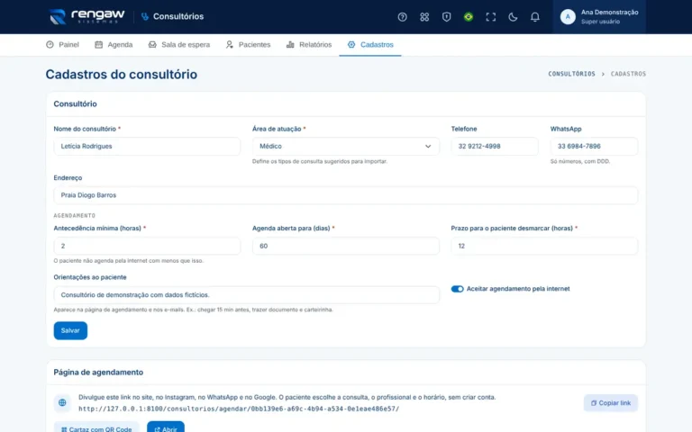 App Consultórios, tela Cadastros