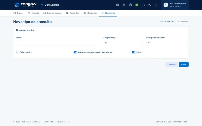 App Consultórios, tela Novo tipo de consulta