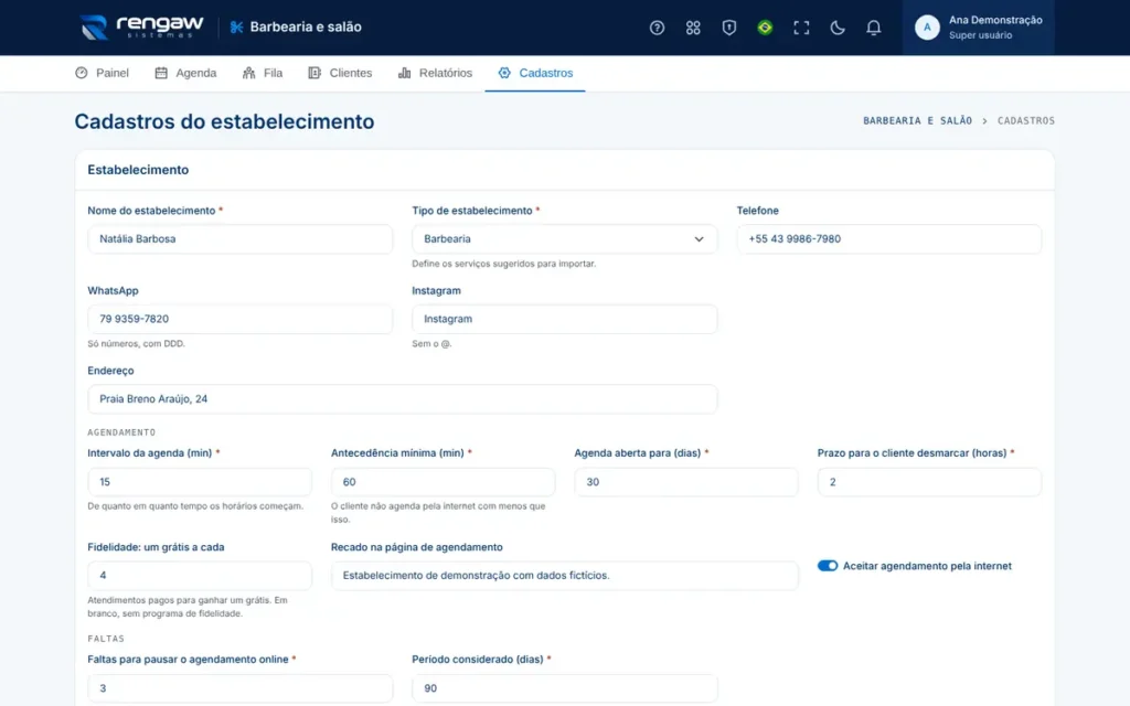 App Barbearia e salão, tela Cadastros