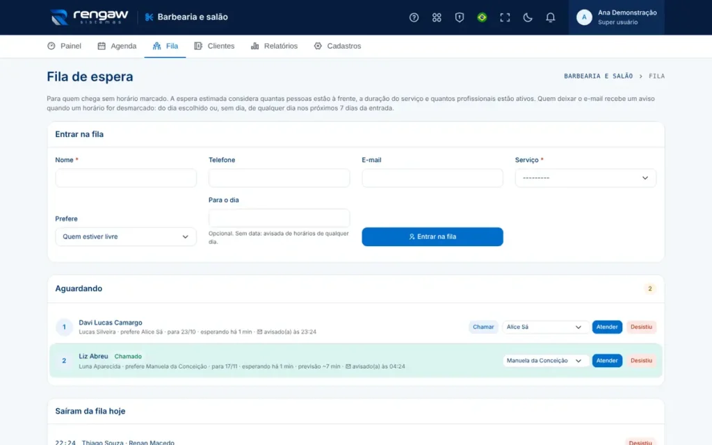 App Barbearia e salão, tela Fila de espera