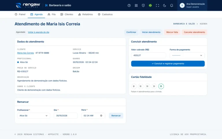 App Barbearia e salão, tela Atendimento