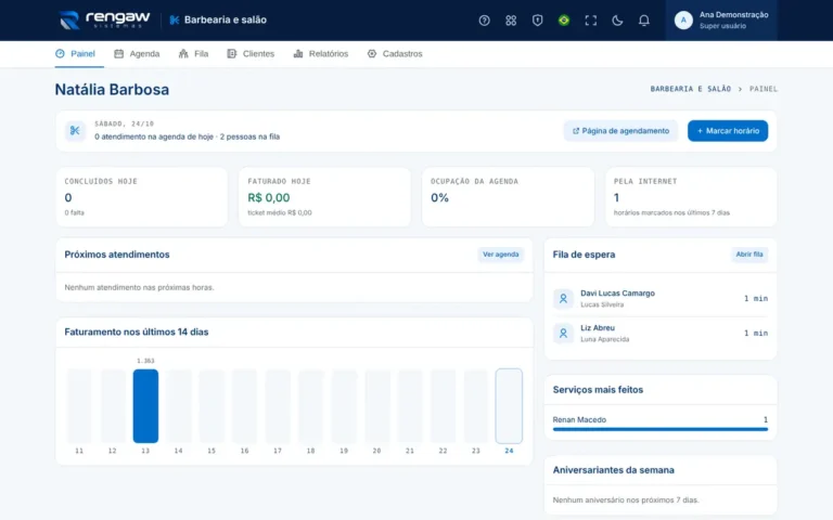 App Barbearia e salão, tela Painel do estabelecimento