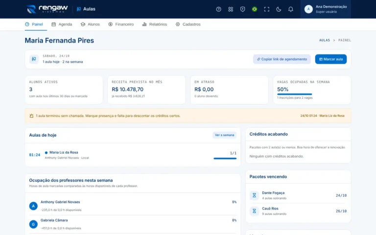 App Aulas, tela Painel de aulas