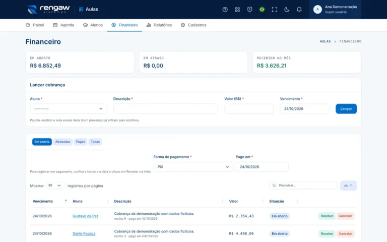 App Aulas, tela Financeiro