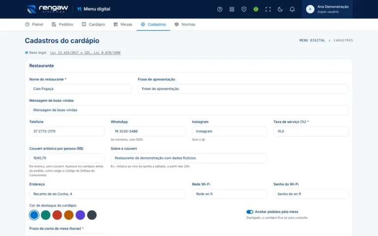 App Menu digital, tela Cadastros