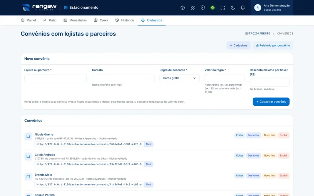 App Estacionamento, tela Convênios