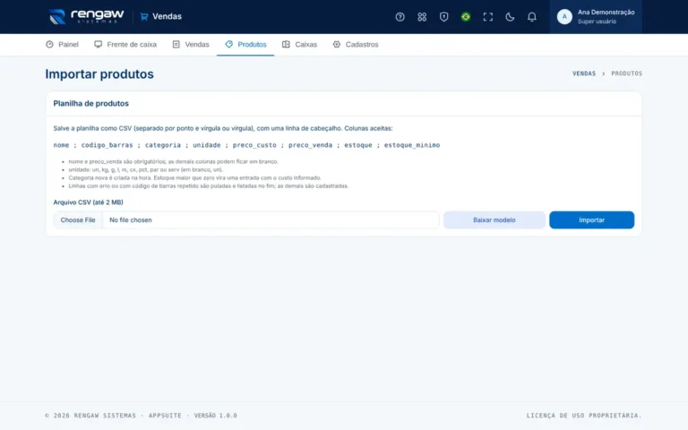 App Vendas, tela Importar produtos