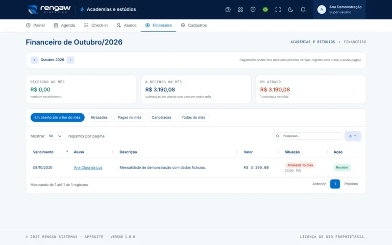 App Academias e estúdios, tela Financeiro