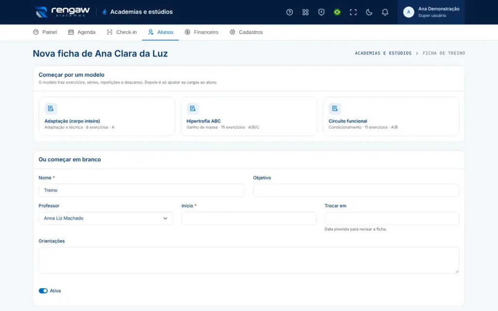 App Academias e estúdios, tela Nova ficha de treino