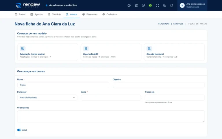 App Academias e estúdios, tela Nova ficha de treino
