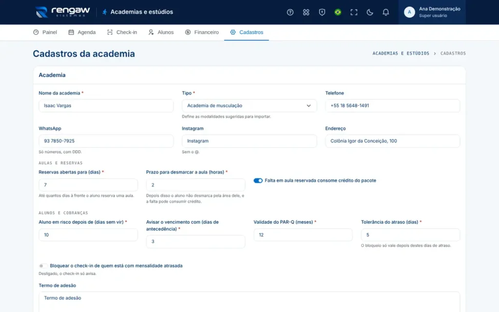 App Academias e estúdios, tela Cadastros