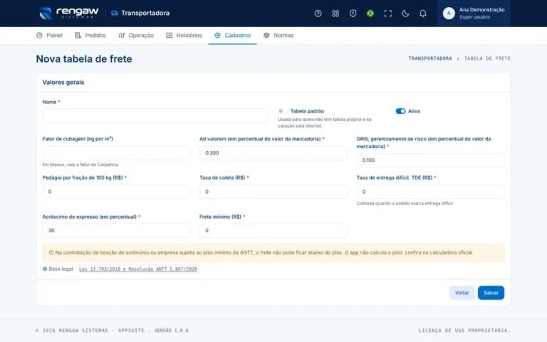 App Transportadora, tela Nova tabela