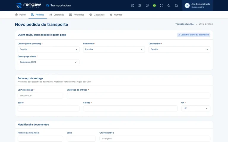 App Transportadora, tela Novo pedido